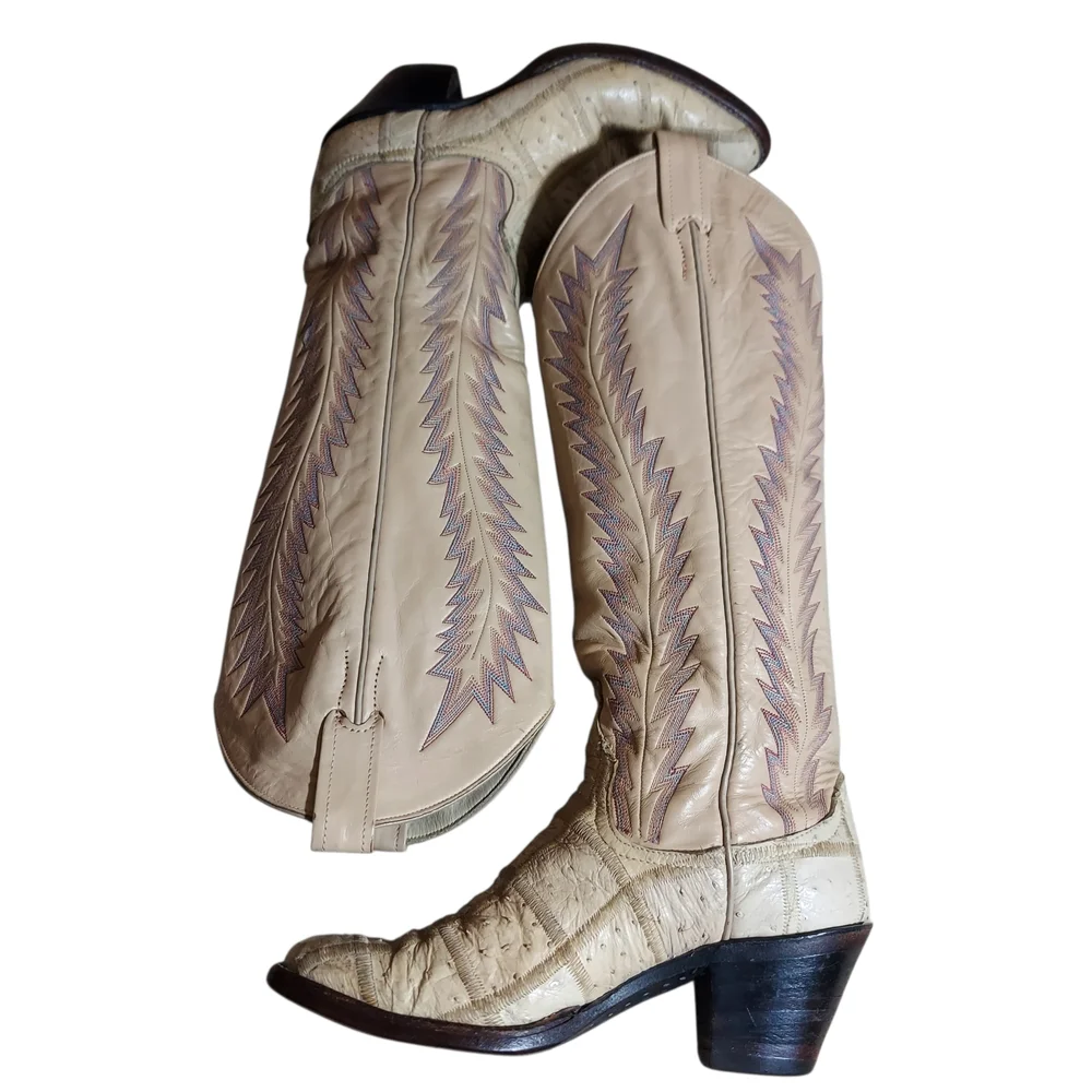 Vintage Larry Mahan Ivory Western Cowboy Boots Ostrich Print Tall USA - Picture 10 of 16